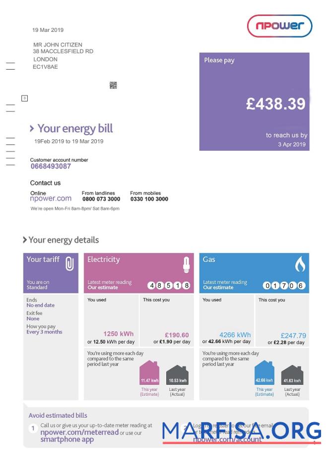 Blank United Kingdom Npower utility bill template, fully editable in PSD format